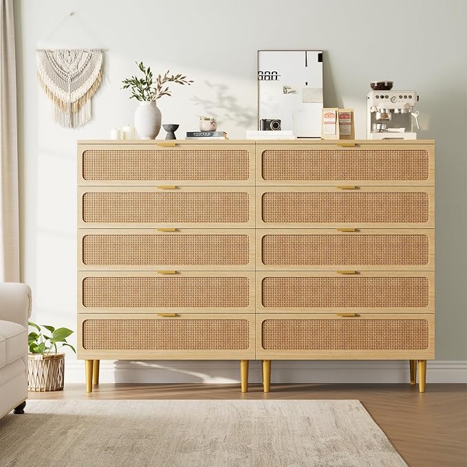 GarveeHome Rattan 5 Drawer Dressers for Bedroom, Deep Drawer, Natural | Tall Dresser, Wide Top, for Living Room, Hallway, Kids Room, Large Chest of Drawers for Closet, Long Wooden Dresser