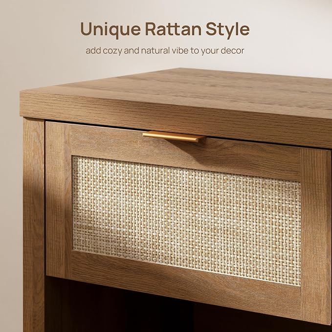 SICOTAS Night Stand Set 2 Rattan Nightstands with Drawer | Boho Bedside Table with Storage Shelf Farmhouse End Side Table for Bedroom, Oak