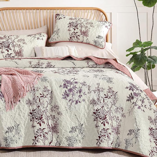 WONGS BEDDING Floral Quilt Set Queen,3 Pcs Purple Red Bedspreads Coverlets | Spring Summer Floral Farmhouse Bedspread with 2 Shams,Soft Microfiber Lightweight Coverlet for All Season 96"×90"