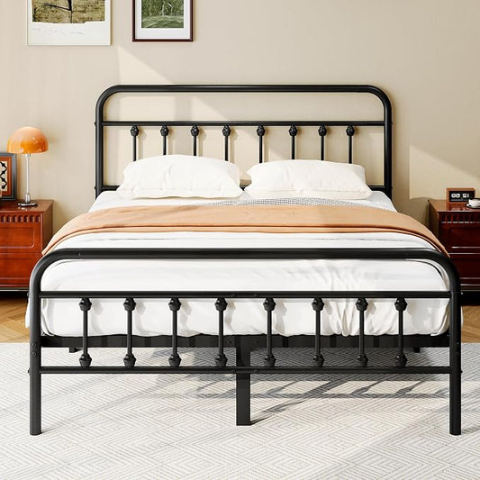 zunatu Queen Size Metal Bed Frame with Victorian Style Headboard and Footboard, Steel Slat Support Platform Bed, No Box Spring Needed, Under Bed Storage, Easy Assembly, Black