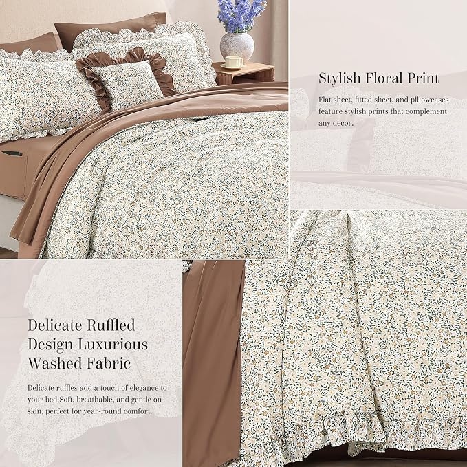 Full Size Comforter Sets-7 Pieces Floral Ruffle Bedding Set | Beige Ditzy Bed in a Bag, Soft Lightweight All Season Farmhouse Full Size Bedding Sets with Sheets, Pillowcases & Shams