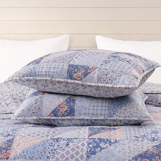 Twin/Twin XL Quilt Set-2 Pieces Soft Bedding Floral Patchwork Coverlet | All Seasons Lightweight Quilts Queen Size, 1 Quilt (66" x 92") and 1 Sham (20" x 26"), Reversible Bedspread, Blue Pink