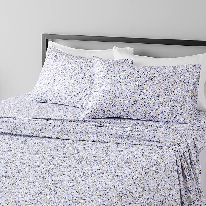 Amazon Basics Lightweight Breathable Super Soft Easy Care Microfiber 4-Piece Bed Sheet Set, Wrinkle Resistant with 14-Inch Deep Pockets, Queen, Blue Floral, Printed