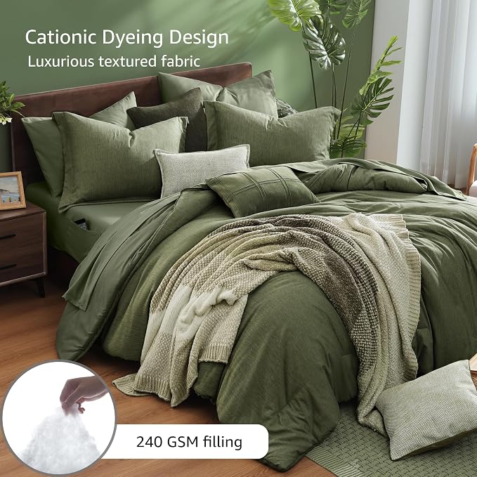 Monbix Queen Comforter Set 7 Pieces Cationic Green Bed in a Bag | Cationic Dyeing Reversible All Season Bedding Sets with Comforter, Sheets, Pillowcases & Shams