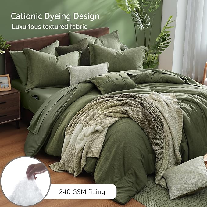 Monbix Super King Plus Comforter Set Olive Green 7 Pieces Bed in a Bag | Cationic Dyeing Reversible All Season Bedding Sets with Comforter, Sheets, Pillowcases & Shams