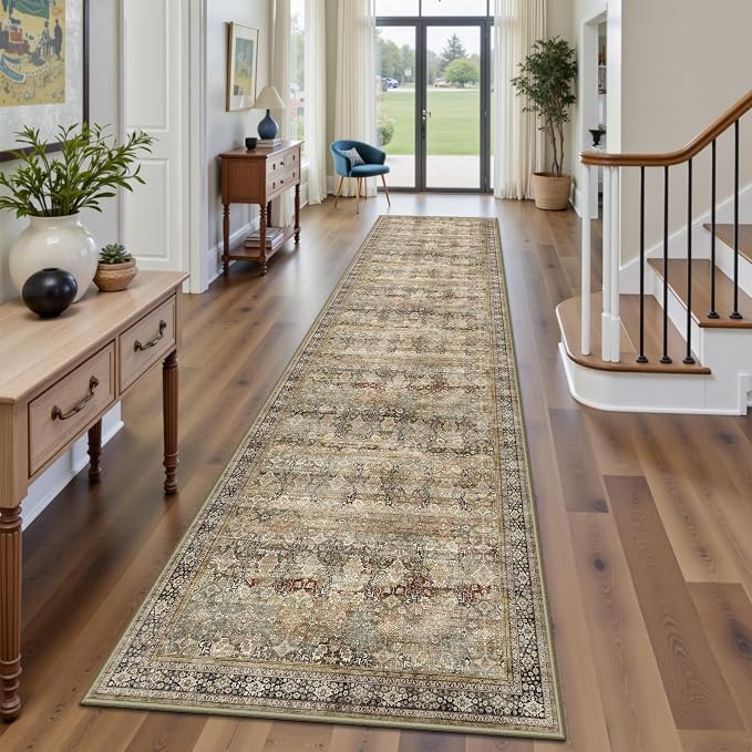 2x8 Hallway Runner Rug, Washable Vintage Retro Long Runner Rugs for Kitchen Laundry, Soft Ultra Thin Non Slip Low Pile Traditional Distressed Boho Carpet for Bedroom Bathroom, Charcoal Olive