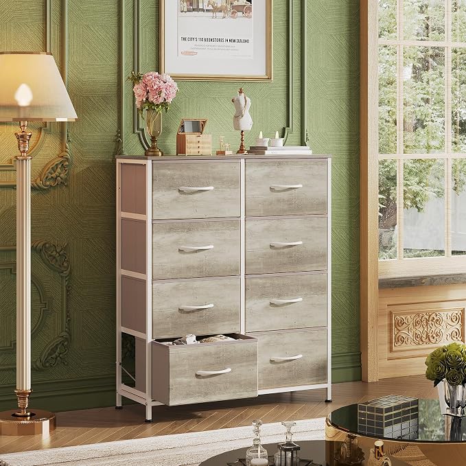 WLIVE Fabric Dresser for Bedroom, Tall Dresser with 8 Drawers, Storage Tower with Fabric Bins, Double Dressers, Chest of Drawers for Closet, Living Room, Hallway, Greige | Greige 8-drawer tall storage tower with fabric bins and wood tabletop, breathabl...