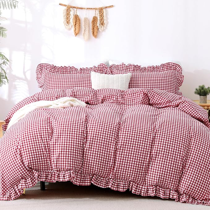 ATsense Red Gingham Ruffle Duvet Cover Set Cotton Like Linen, King | 100% Washed Cotton Linen-Like Feel Soft, Breathable & Comfy. Farmhouse Bedding Set with Zipper & 8 Ties. 3 Pcs, No Insert