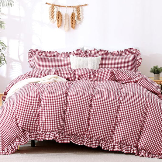ATsense Red Gingham Ruffle Duvet Cover Set Cotton Like Linen, Queen | 100% Washed Cotton Linen-Like Feel Soft, Breathable & Comfy. Farmhouse Bedding Set with Zipper & 8 Ties. 3 Pcs, No Insert