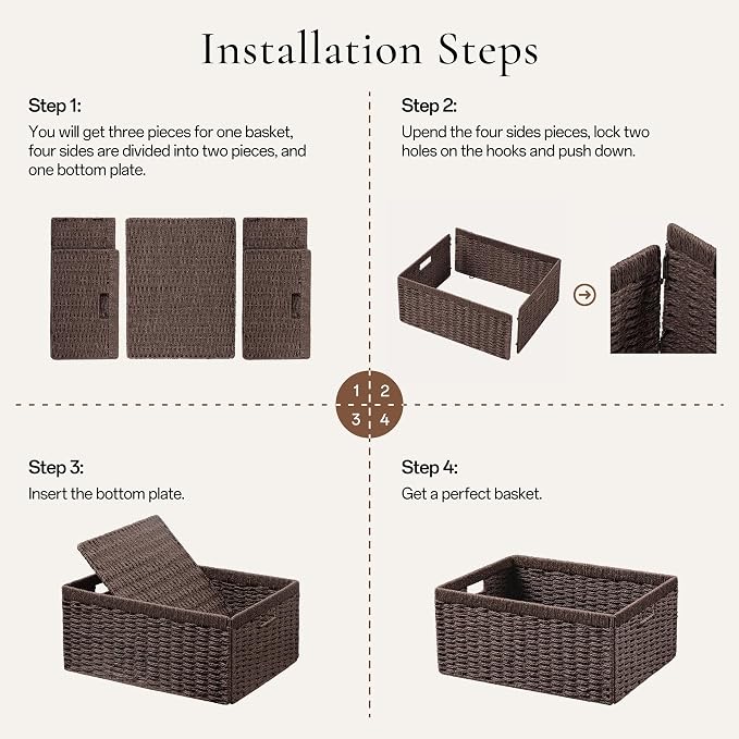 UBBCARE 4 Pack Wicker Basket, 13.4L×8.3H×7.1W inch Woven Paper Rope Storage Baskets for Shelves, Foldable Rectangular Storage Baskets with Handle, Storage Basket for Organizing, Dark Brown