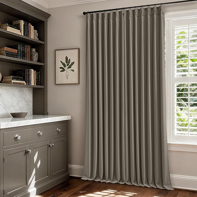 Desert Taupe Linen Blackout Pleated Curtains 86 Inches Long for Living Room | Pinch Pleat, 100% Black Out, Room Darkening, Thermal Insulated, Soundproof, Brownish Grey 86 Inch Drapes for Dining Bedroom