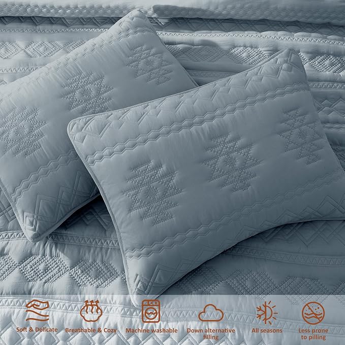 WDCOZY Boho Blue Grey Quilts Queen Size Bedding Sets with 2 Pillow Shams, Farmhouse Lightweight Soft Bedspread Coverlet for All Season, 3 Pieces, 90x90 inches
