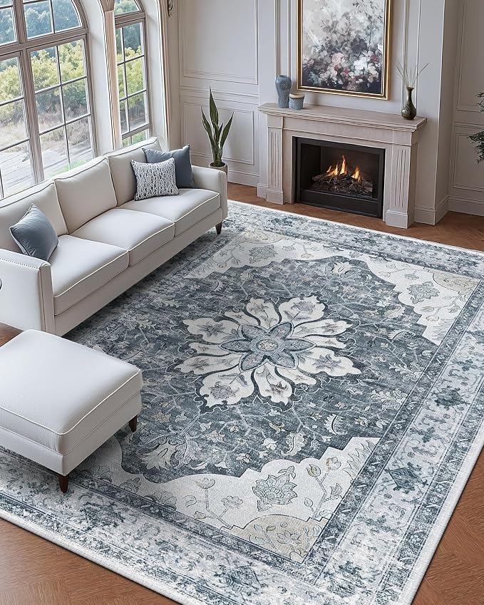 RELEANY Washable Area Rug, Large 9'x12', Grey/White/Beige | Non-Slip, Water Repellent, Pet Friendly, Easy to Clean, Vintage Floral Boho Decor for Living Room Bedroom Dining Room