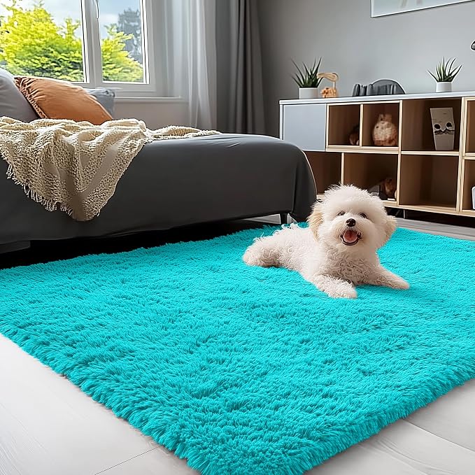 OLANLY 3x5 Machine Washable Small Bedside Rug, Soft Fluffy Shaggy Rugs for Living Room, Bedroom, Indoor Floor Carpet for Kids Girls and Boys, Preppy Dorms, Nursery, Home Decor Aesthetic, Teal Blue