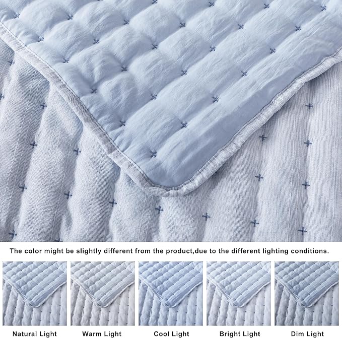 WDCOZY Blue Cloud Quilt Set King Size, Lightweight Soft Cross Stitch Bedspread, Textured Like Linen, Farmhouse Rustic Country Coverlet, Spring Summer Thin Comforter, 3 Pieces, 104x90 inches