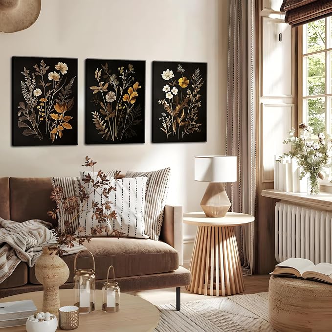 Vintage Black Flower Wall Art Decor Set of 3, Beautiful Wildflower Botanical Canvas Prints, Dark Academia Fall Floral Poster Painting Picture for Bedroom Living Room 16x24 Inch Framed