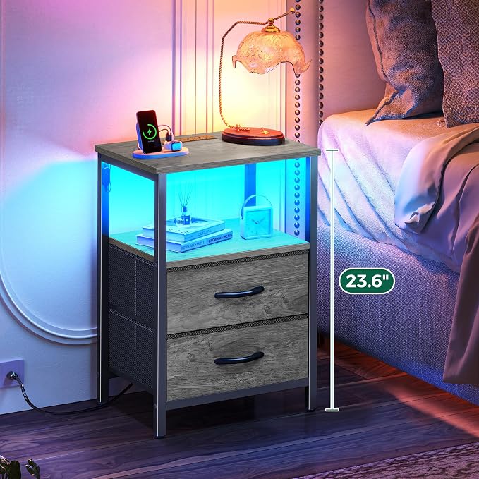 Huuger Night Stand with Charger Station and LED Lights, 2 Drawer Nightstand | Bed Side Table with Open ShelfEnd TableFabric Drawers for Bedroom, Grey
