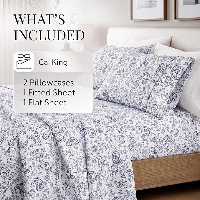 Linen Market Double-Brushed Patterned Microfiber California King Sheet Set 4 Piece – OEKO-TEX Certified Ultra Soft & Wrinkle-Free - 16" Deep Pocket Sheets Easy Care Cal-King Size - Coarse Paisley Navy
