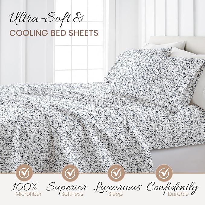 Linen Market Double-Brushed Patterned Microfiber Full Sheet Set 4 Piece – Oeko-TEX Certified Ultra Soft & Wrinkle-Free - 16" Deep Pocket Sheets - Easy Care Full Size - Burst of Vines Navy