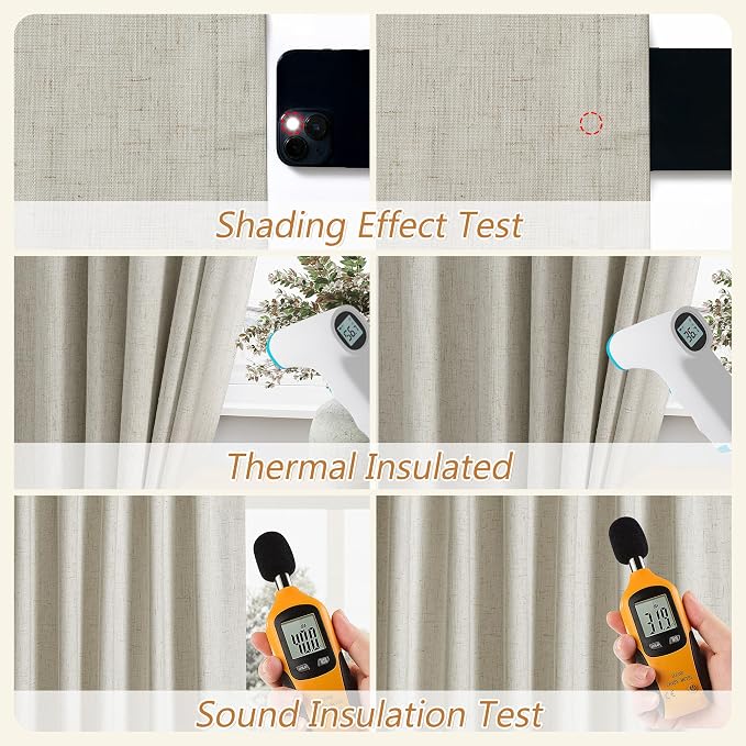 Extra Long 100% Blackout Linen Curtains for Bedroom 102 inches Long, Thermal Insulated Room Darkening Black Out Drapes for Living Room, Back Tab Rod Pocket 2 Panels Set,Eggshell Beige,52x102