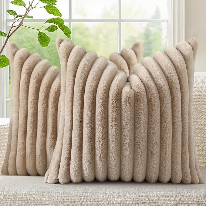 decorUhome Fall Faux Fur Throw Pillow Covers 24x24 Set of 2 Khaki Brown | Decorative Soft Cozy Striped Plush Modern Farmhouse Boho Couch Pillow Cases Velvet Back for Sofa Bed Living Room Home Decor