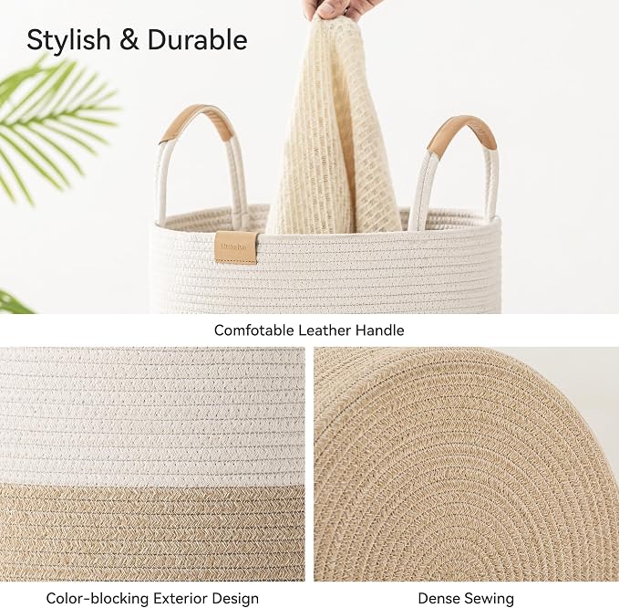 Nunsino 62L Striped Laundry Hamper with Leather Handles,Large Foldable Laundry Basket for Clothes,Cotton Rope Storage Bin for Blankets,Woven Clothes Basket for Bedroom, Beige Stripes