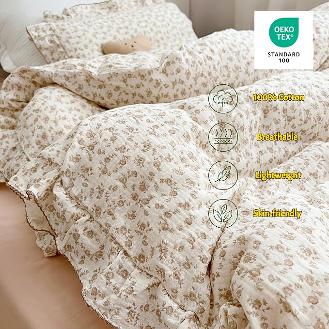 Soft Cotton Muslin Duvet Cover Girls Kids Floral Duvet Cover Beige Crib Bedding Comforter Cover Quilt Cover, 47"x59", Camellia Print (Pillowcases Not Included)