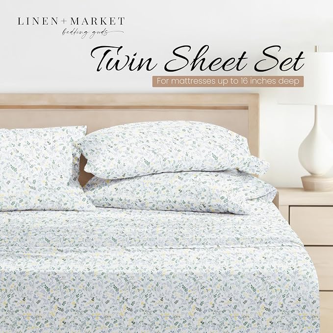 Linen Market Double-Brushed Patterned Microfiber Twin Sheet Set 3 Piece – Oeko-TEX Certified Ultra Soft & Wrinkle-Free - 16" Deep Pocket Sheets - Easy Care Twin Size - Wildflower Light Blue