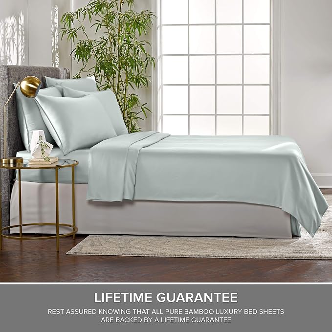 Pure Bamboo Split King Sheets, Genuine 100% Organic Viscose Derived from Bamboo Bed Sheet Set, Soft & Cooling, Double Stitching, 2 Fitted Sheets (Split King, Sea Glass)