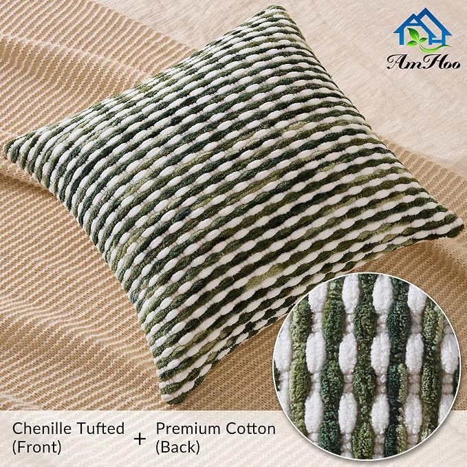 AmHoo Set of 2 Boho Chenille Pillow Cover Decorative Tufted Pillowcase for Couch Bed Sofa Bedroom Living Room Modern 18 x 18-Inch Sage Green