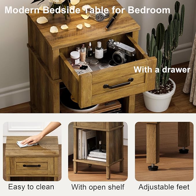 Small Brown Night Stand,Rustic End Table,Wood Nightstand with Drawer | Side End Table with Drawer,End Table Living Room,Farmhouse Nightstand,Modern Brown Side Table for Bedroom LET512DR