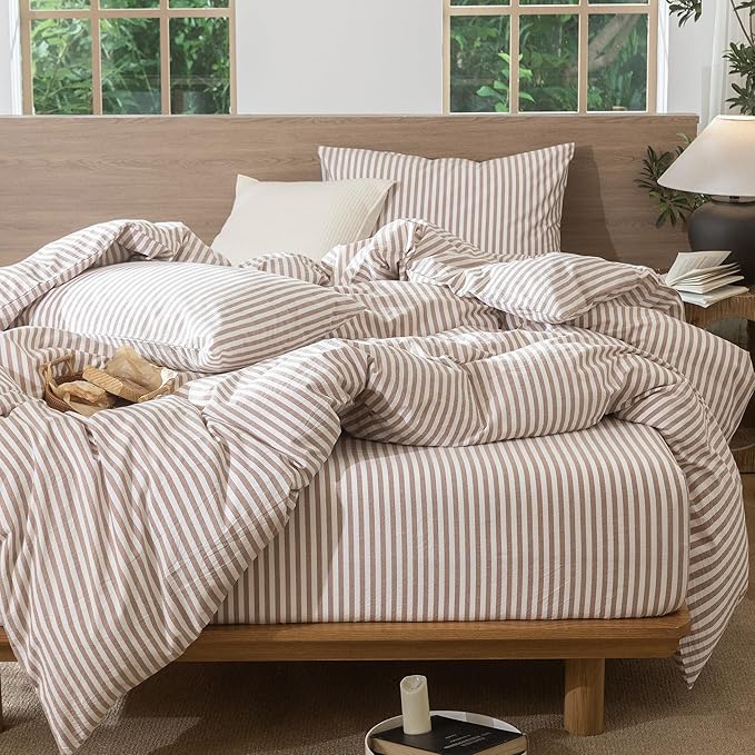 MooMee Striped Duvet Cover Set 100% Washed Cotton Linen Like Super Queen | Relaxed Linen-like Texture. Soft, Breathable & Long-lasting Comfort. Lightweight. Hidden Zipper with 8 Interior Corner Ties