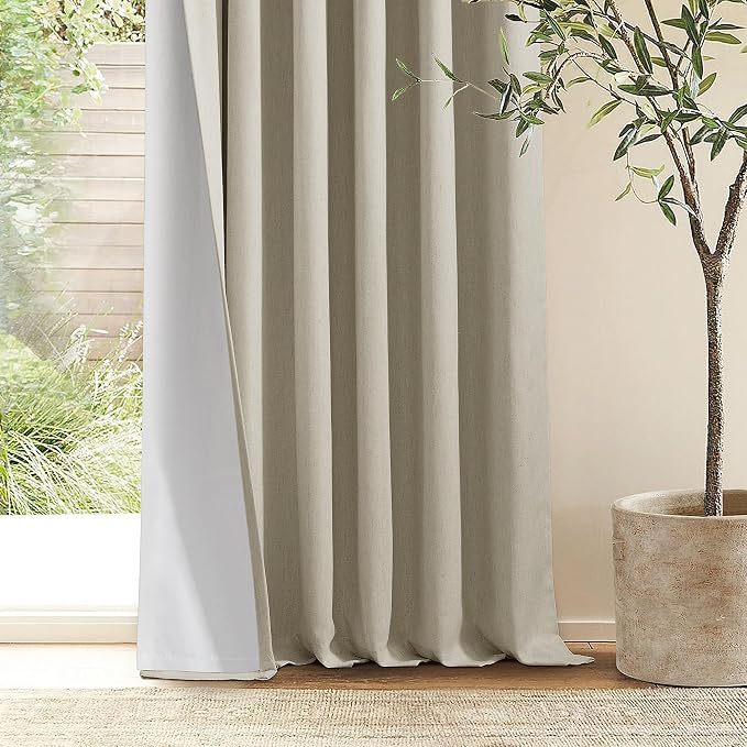 Extra Wide Burlywood Birch Pleated Blackout Linen 60 x 84 Inch Curtains | 100% Black Out, Memory Trained, Pinch Pleat with Back Tab, Noise Reducing, Thermal Insulated Neutral Window Drapes 1 Panel