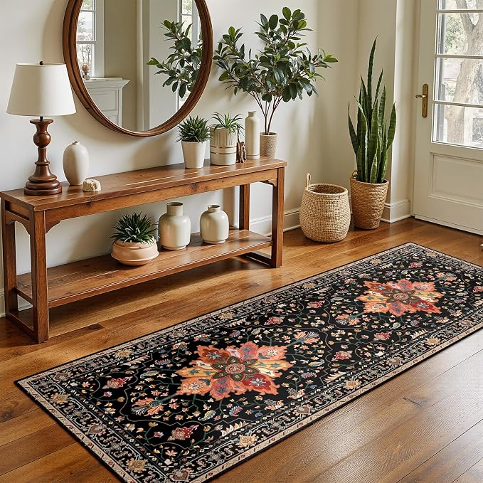 RELEANY Washable Area Rug, Runner 2'x5', Black/Colorful | Non-Slip, Water Repellent, Pet Friendly, Easy to Clean, Vintage Floral Boho Decor for Kitchen Entry Bedroom Bedside Laundry