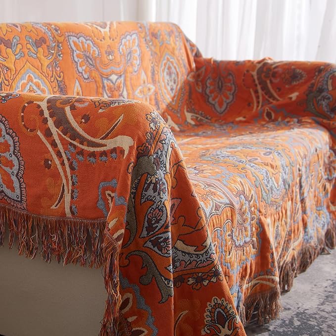 Boho Throw Blanket for Couch Sofa Bed, 100% Cotton Woven Quilt with Tassel 60”x80”, Super Soft Muslin Blanket with Floral Printed, Decorative Reversible Bed Blanket/Cover for All Seasons