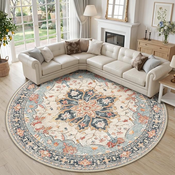 RELEANY Washable Area Rug, Round 10ft, Beige/Blue/Orange | Non-Slip, Water Repellent, Pet Friendly, Easy to Clean, Vintage Floral Boho Decor for Living Room Bedroom Dining Room