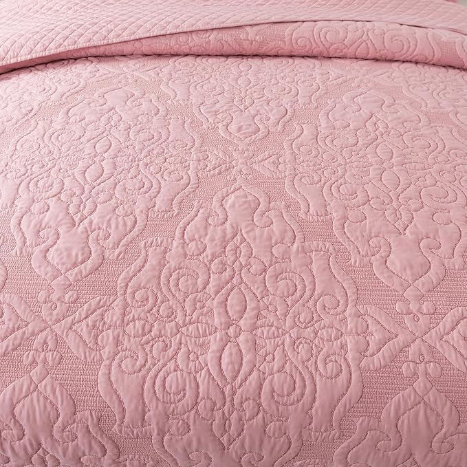 Quilt Bedspread Set, Pink Jacquard Embossed Floral Pattern Reversible Embroidered Microfiber Coverlet Sets, Queen Size