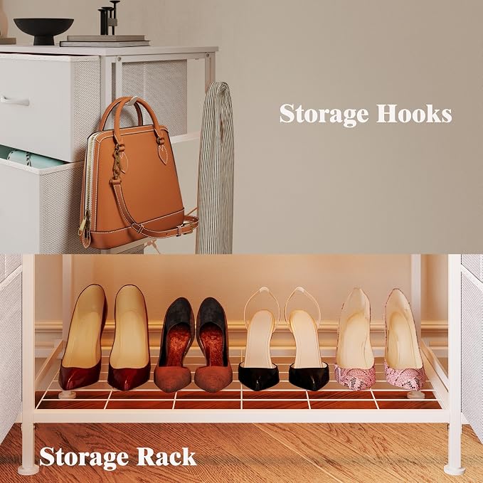 LUMTOK 55"W Dresser with Hanging Rack,10 Fabric drawers & Hooks for Bedroom | White 10 Drawers Dresser with LED Lights, Charging Station,chest of drawers with wooden top for clothing storage organization