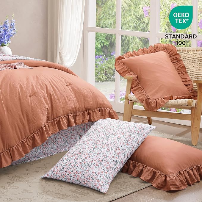Queen Comforter Set-7 Pieces Ruffle Bedding with Floral Sheet | Autumn Leaf Bed in a Bag, Soft Lightweight All Season Farmhouse Queen Bedding Sets with Floral Sheets, Pillowcases & Shams