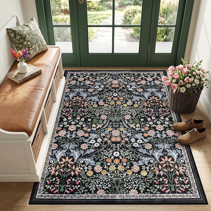 PLHXFR Area Rug Living Room: 3x5 Floral Washable Boho Carpet Dark Black | For Bedroom Dining Room Farmhouse Nursery Hallway,Vintage Floral,Machine washable,Non Slip,Stain Resistant,Large Indoor