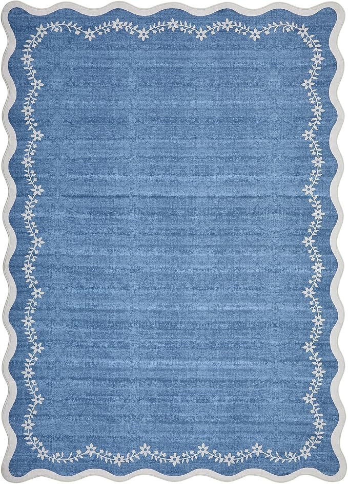 GarveeHome 3x5 Scalloped Washable Area Rug Non Slip Bedroom Entryway Rug | Soft Blue Kitchen Rug Low Pile Carpet Stain Resistant Throw Rug for Bedside Kids Room Office Dining Room