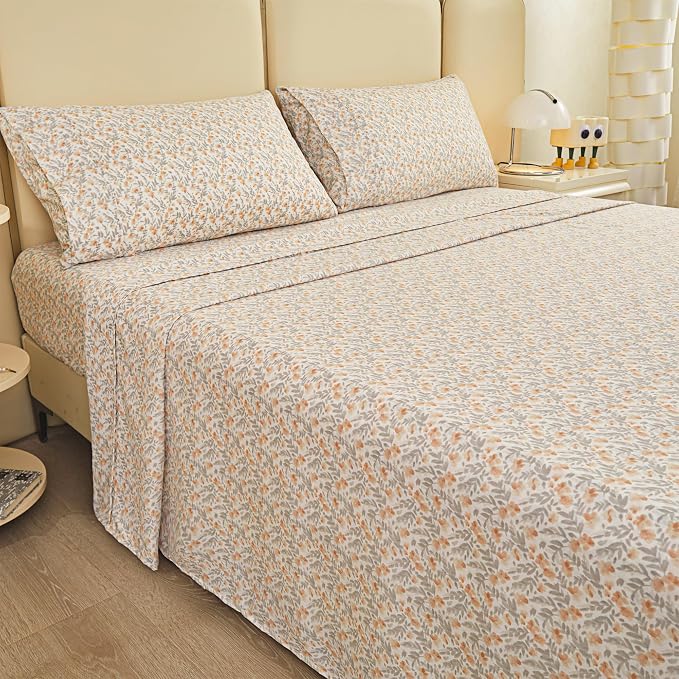 Viviland Floral Full Sheet Set - 4 Piece Vintage Light Orange Flower Patterned Bed Sheets - Soft, Breathable Microfiber Sheets with Deep Pocket, Non-Slip Fitted Sheets & Pillowcases