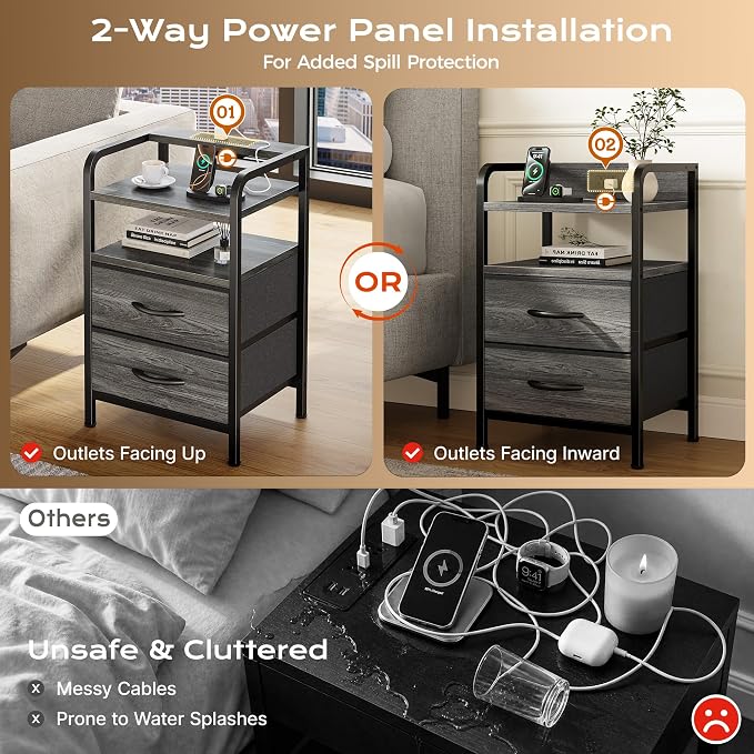 Huuger Nightstands Set of 2, Night Stand with LED Lights, Charging Station | USB-C Ports, 2 Drawers Bedside Table, Open Shelf, 2-Way Power Panel Install, End Table for Bedroom, Grey
