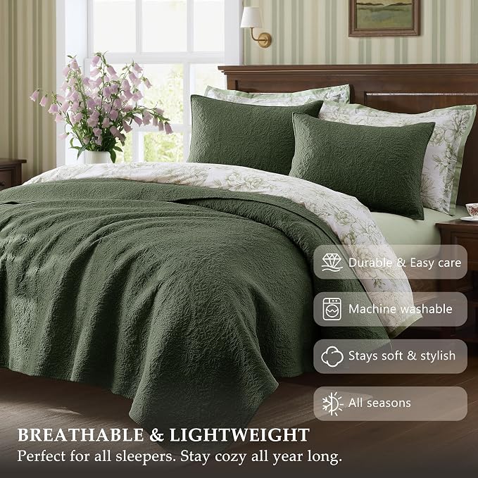 WDCOZY King 100% Cotton Paisley Quilt Bedding Set Olive Green Comforter | Pre-Washed Thin Farmhouse Bedspread, 106"x96" Coverlet + 2 Shams 20"x36", Soft Lightweight, All-Season, Textured Like Linen