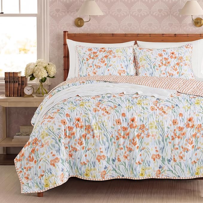 Twin/Twin XL Quilt Set-2 Pieces Soft Bedding Floral Reversible Coverlet | All Seasons Lightweight Quilts Queen Size for Bed, Breathable Vintage Bedspread with Sham, Orange Floral