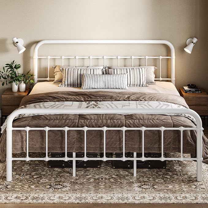 Allewie King Metal Bed Frame with Victorian Iron-Art Headboard, White | Victorian Style Wrought Iron-Art Headboard/Footboard, Easy Assembly, Under Bed Storage, No Box Spring Required