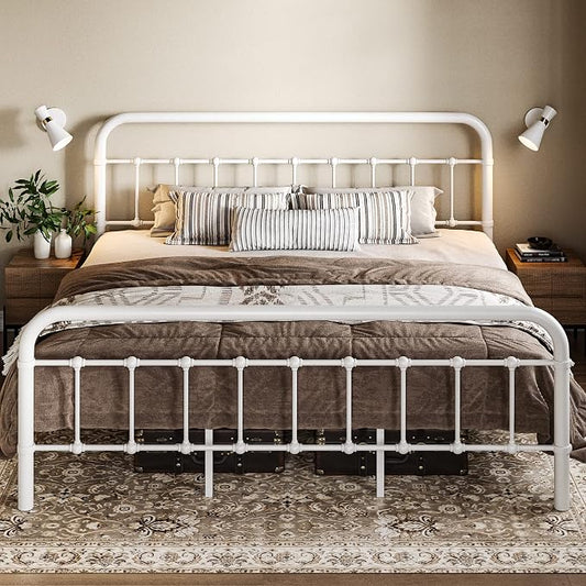Allewie King Metal Bed Frame with Victorian Iron-Art Headboard, White | Victorian Style Wrought Iron-Art Headboard/Footboard, Easy Assembly, Under Bed Storage, No Box Spring Required