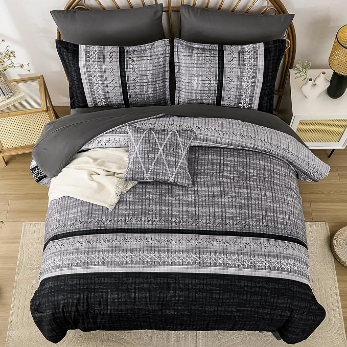 Dintszyayue Black Comforter Set Cal King Size, 8 Pieces Boho Striped Bed in a Bag Soft Microfiber Bedding Set for All Season