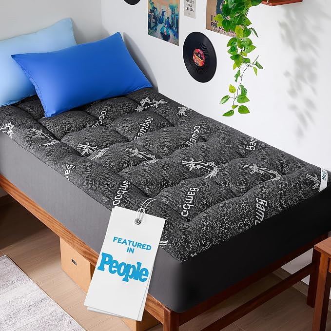 BEDLORE Twin XL Mattress Topper Viscose Bamboo, Pillow Top Mattress Pad | Deep Pockets Fit 6”-15” Mattress, Soft Breathable Thick Dorm-Size Mattress Topper for Students and Hot Sleepers(Dark Gray)