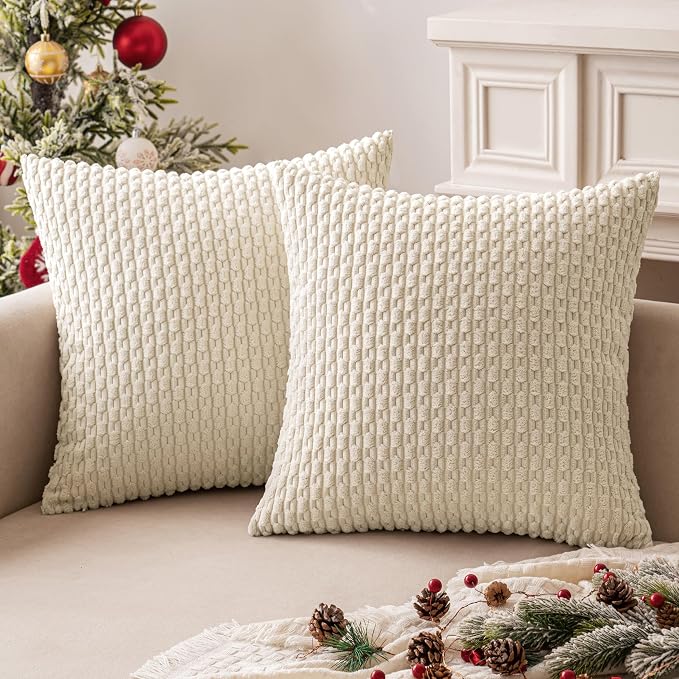 MIULEE Euro Sham Decorative Throw Pillow Covers 24x24 Cream White Corduroy | Textured Striped Pack of 2 Striped Pillow Covers Modern Farmhouse Home Decor for Couch Bed Sofa Living Room
